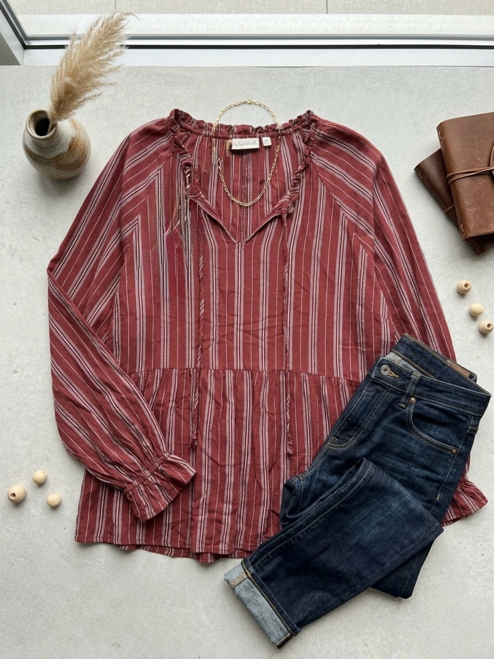 Wonderly Red Striped Peasant Top